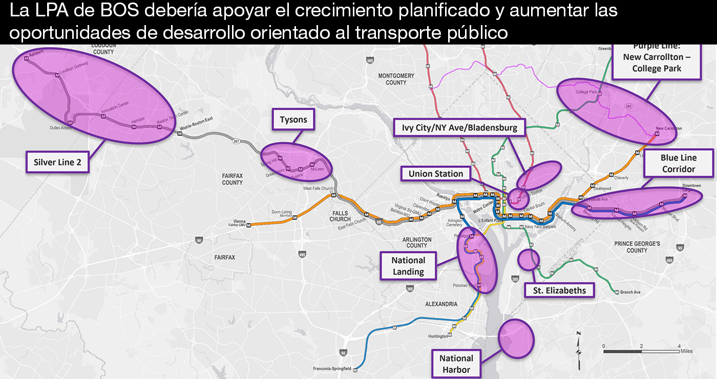 Imagen del mapa que identifica las zonas de crecimiento planificado en toda el área de estudio. La LPA de BOS debería apoyar el crecimiento planificado y aumentar las oportunidades de desarrollo orientado al transporte público